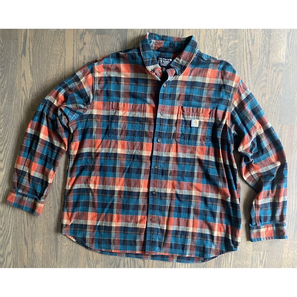 Carhartt Relaxed Fit Plaid Flannel Button Down Shirt Orange Teal Multi Mens XXL